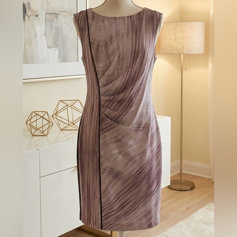 Tahari| Asymmetrical Lavender & Brown Watercolour Sleeveless Shift Dress Sz 10